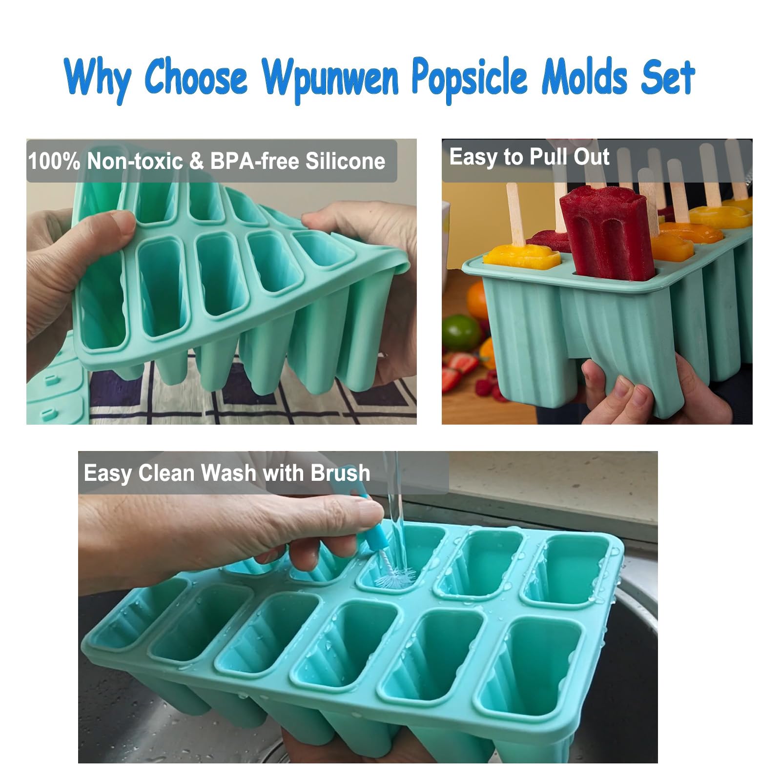 Moldes de silicona para paletas con palitos Wpunwen de 12 cavidades, moldes de helado con cepillo de limpieza, 12 palos reutilizables, 50 palitos, 50 bolsas, color verde
