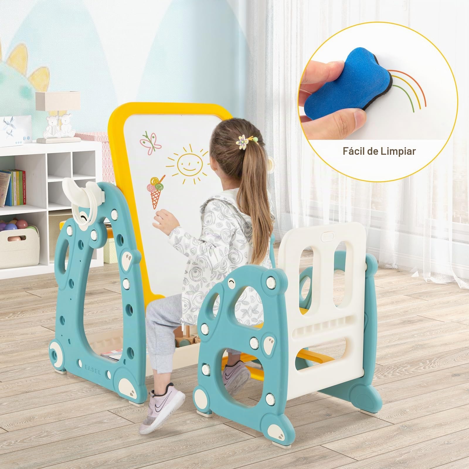 RELAX4LIFE 4 En 1 Mesa de Actividades para Niños con Silla, Caballete para Niños Regulable en Altura con Espacio de Almacenamiento, Pizarra, Telescopio y Juego de Anillos para 1-8 Años