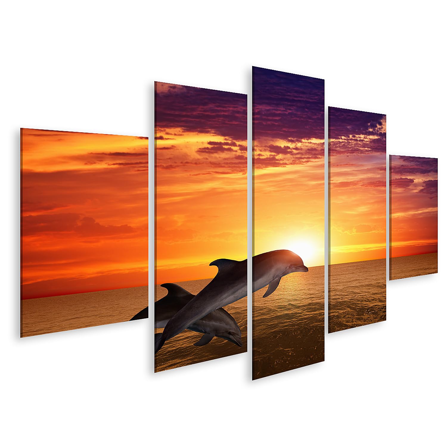 islandburner Bild auf Leinwand Delfine Im Sonnenuntergang Über Dem Ozean Bilder Wandbilder 170x80cm