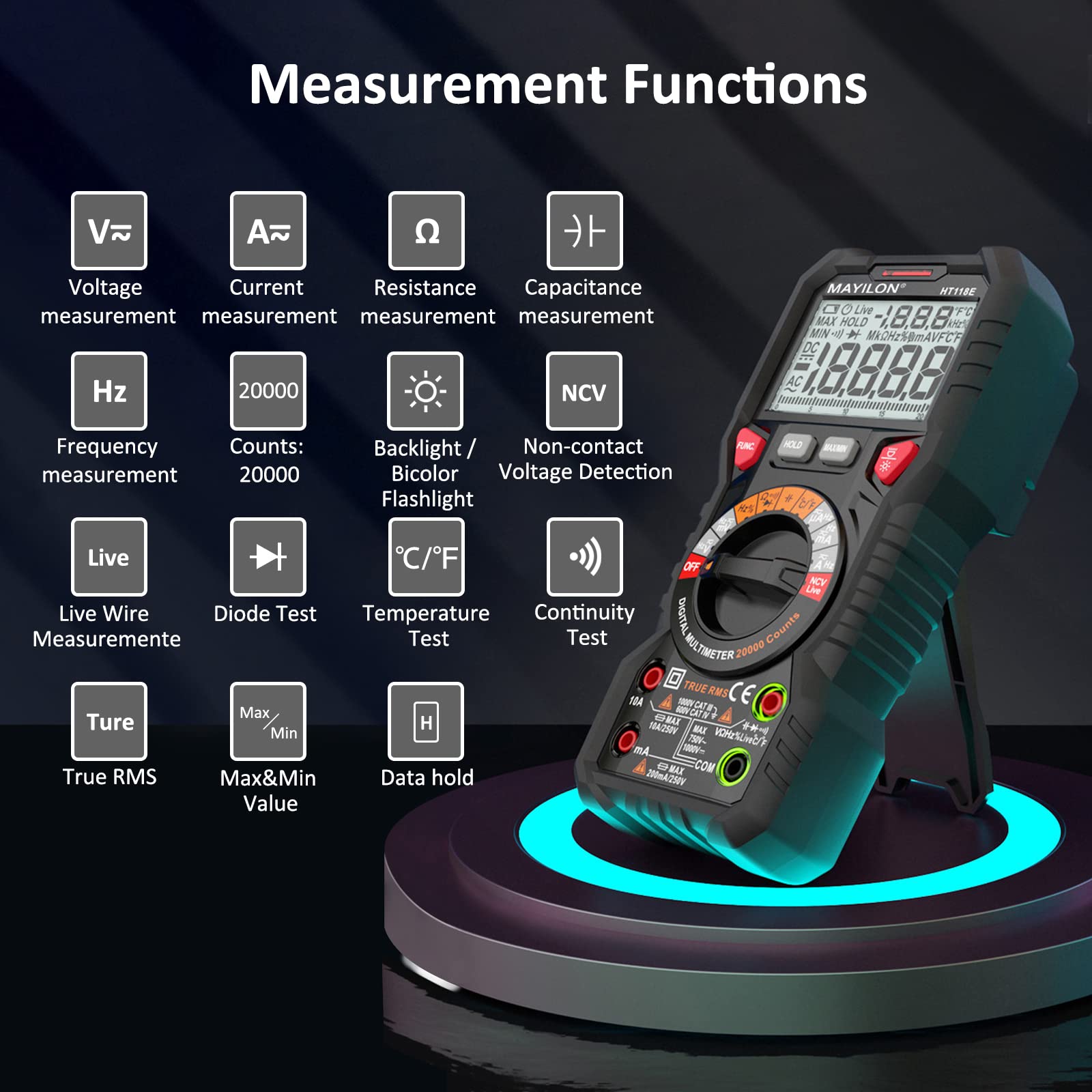 HT118E 20000 Zählt Multimeter Digital, Strommessgerät True RMS mit NCV und LIVE-Draht Erkennung, misst AC/DC Spannung und Strom, Temperatur, Kapazität, Widerstand, Dioden, Kontinuität, Frequenz