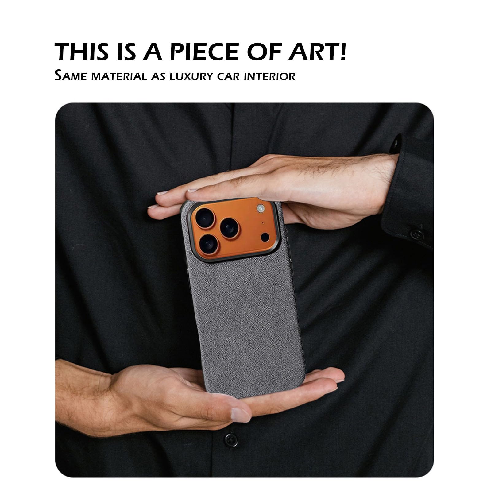 Étui en daim alcantara pour iPhone 17 Pro Max, compatible avec MagSafe, cuir daim véritable importé d'Italie, fait à la main, sensation intérieure de supercar, ultra fin, antidérapant (gris foncé