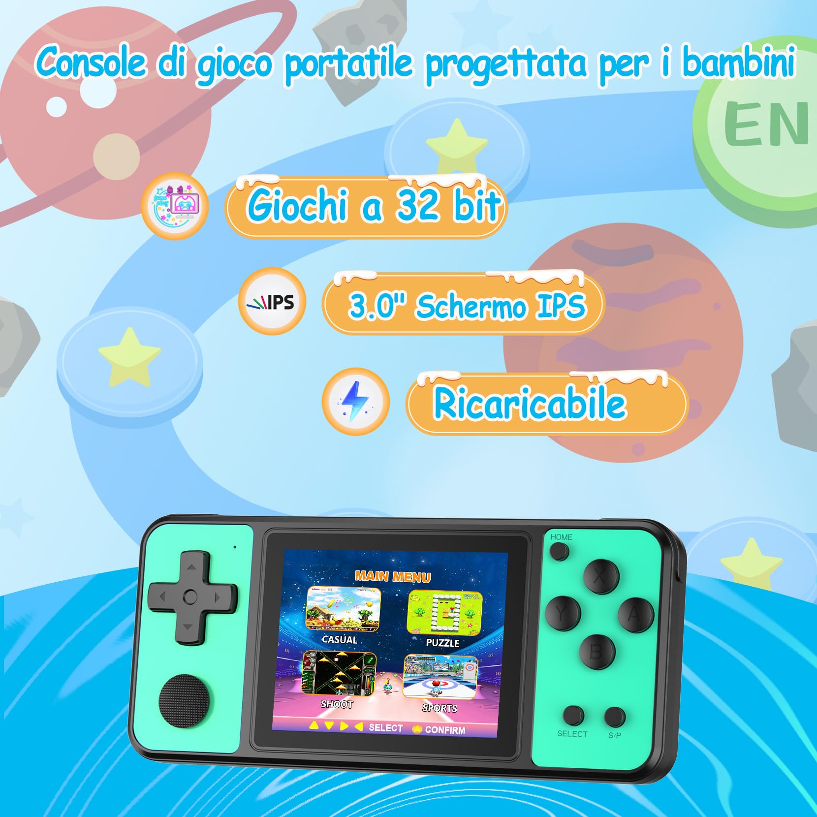 Console Portatile Gaming per Bambini con 139 Videogiochi Retrò, Sistema di Gioco con Schermo IPS 3.0" e Batteria Ricaricabile, Giochi da Viaggio Regalo per Bambini Bambine dai 4-13 (Verde)