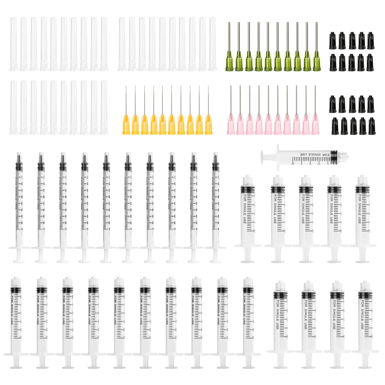 30PCS Small Plastic Syringe 1ML 3ML 5ML, Ink Filling Syringe, Measuring Feeding Pets Syringes with 14G 20G 23G Blunt Needles, Caps, Tip Plug for Industrial, Labs Experiment