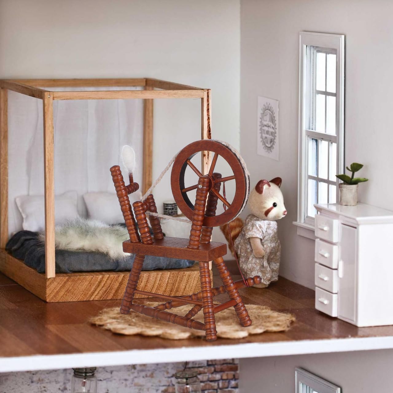 ヴィンテージスピニングホイールプレイハウスミニ家具モデルプレイハウス装飾ミニヴィンテージ家具ミニチュア木製モデル子供用ミニハンドリー