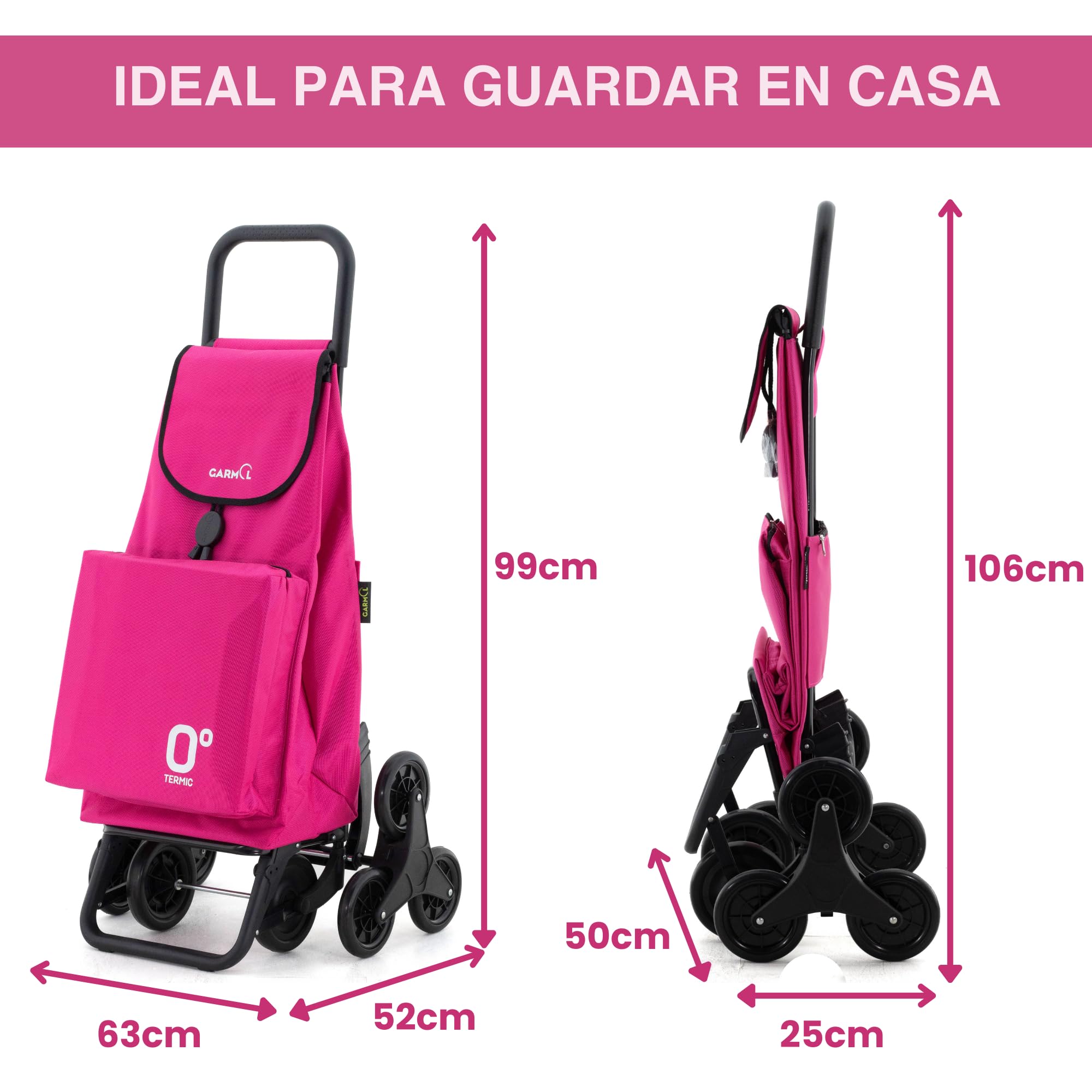 GARMOL Carro de la Compra Térmico Plegable 55L con Bolsillo Interior 11L | 4 Ruedas (2 Fijas + 2 Giratorias) | Color Fucsia