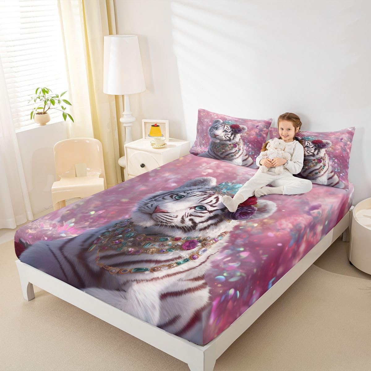 Loussiesd Drap Housse 180x200cm Blanc Tigre Drap-Housse Animaux Sauvages Doux Glitter Décoration avec 2 taies d'oreiller 65x65cm Faune Sauvage pour Matelas Épais jusqu'à 30 cm