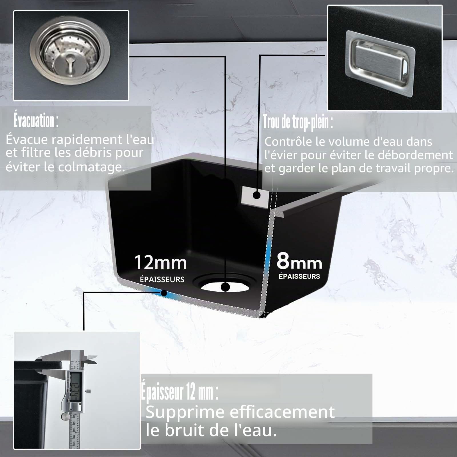 Évier Cuisine en Quartz Noir, 50 X 45 cm Évier de Cuisine 1 Bac | Évier Encastrable Compatible Montage sur Plan et Sous Plan, Accessoires Inclus, Adapté pour le Camping et Camping-Car