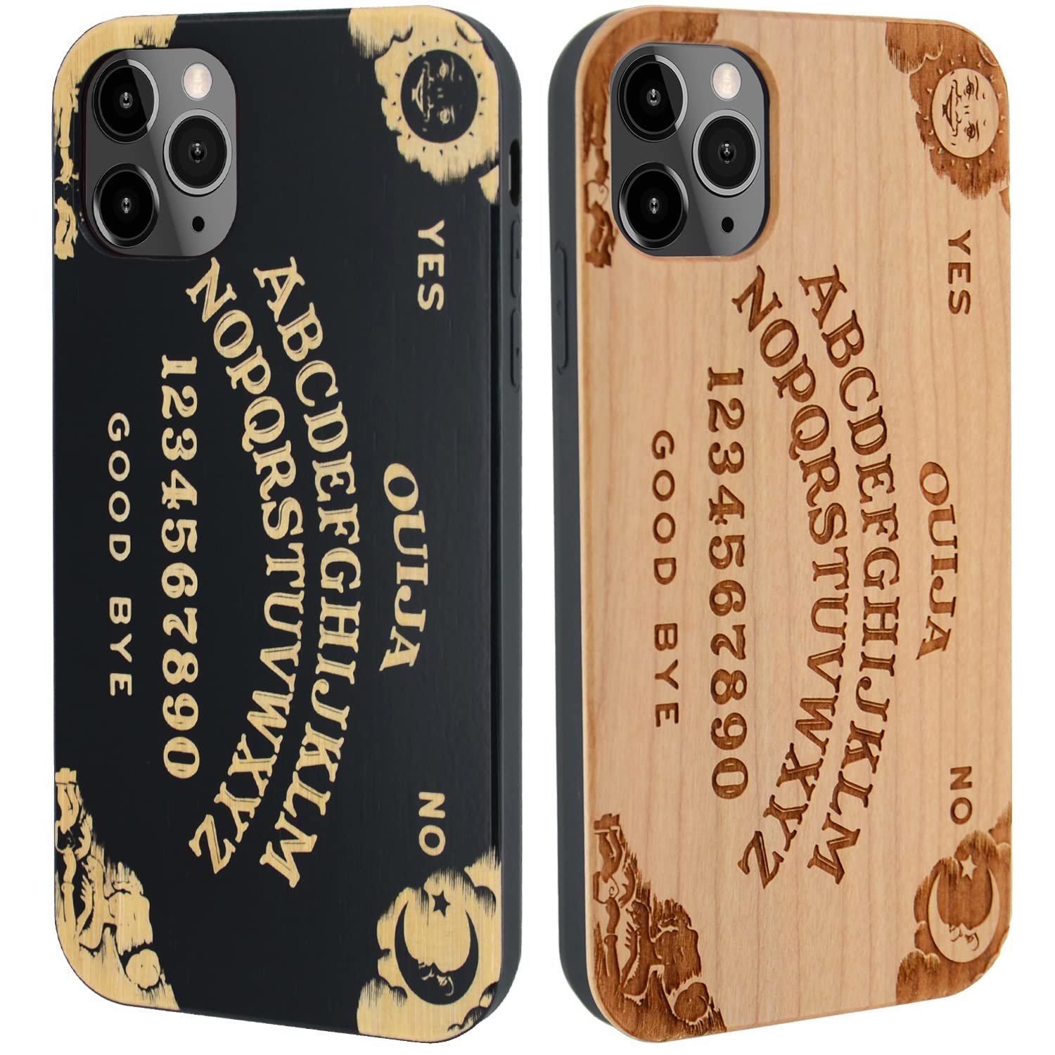 iProductsUS Cherry Wood or Black Bamboo Phone Case Compatible with iPhone 15, 15Plus, 15Pro, 15ProMax [2023], 14, 14Plus, 14Pro, 14ProMax [2022], Engrave Ouija Board, Working with Wireless Charger