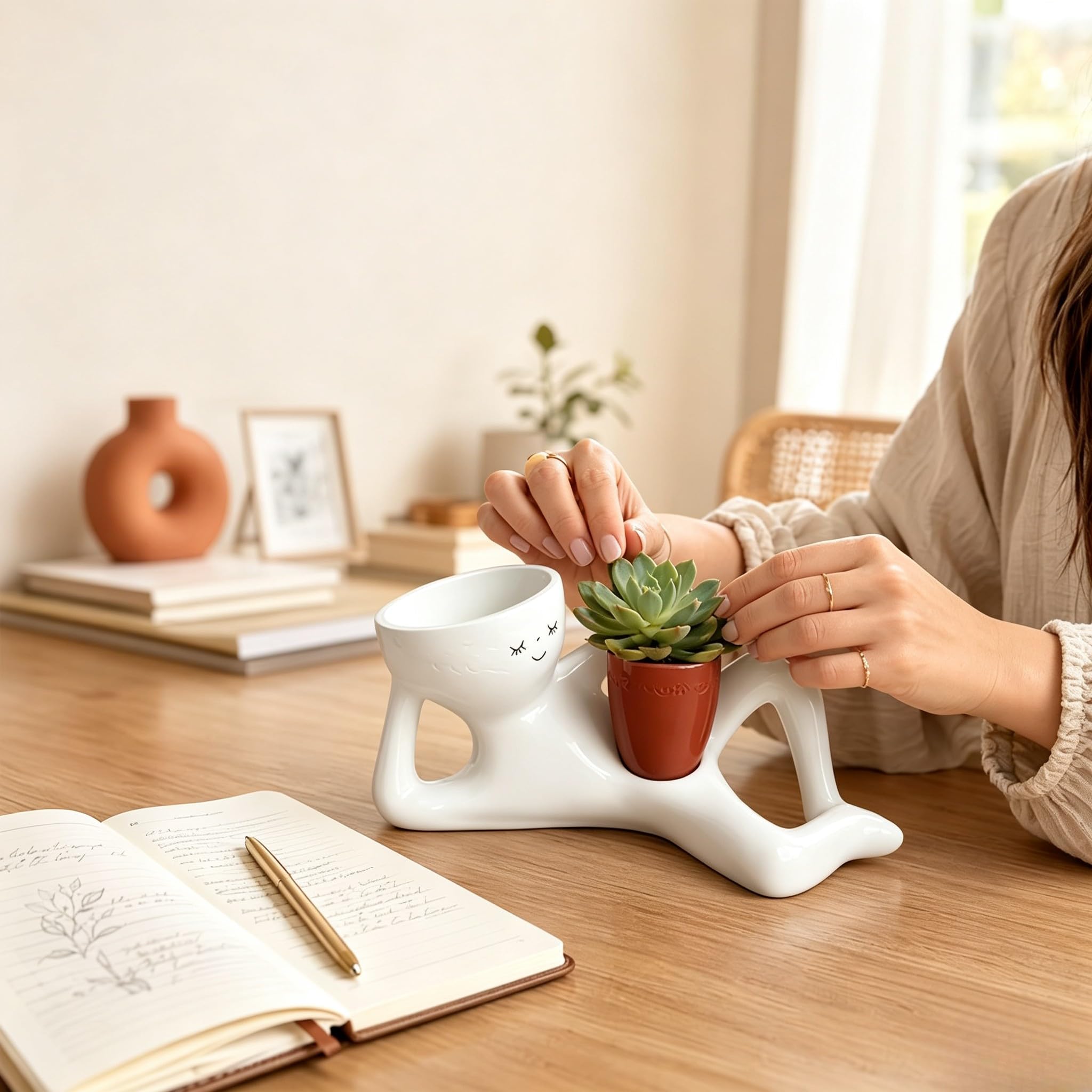 Novelty Lazy Face Resin Plant Pot Double Hole Cactus Planter Office Decor