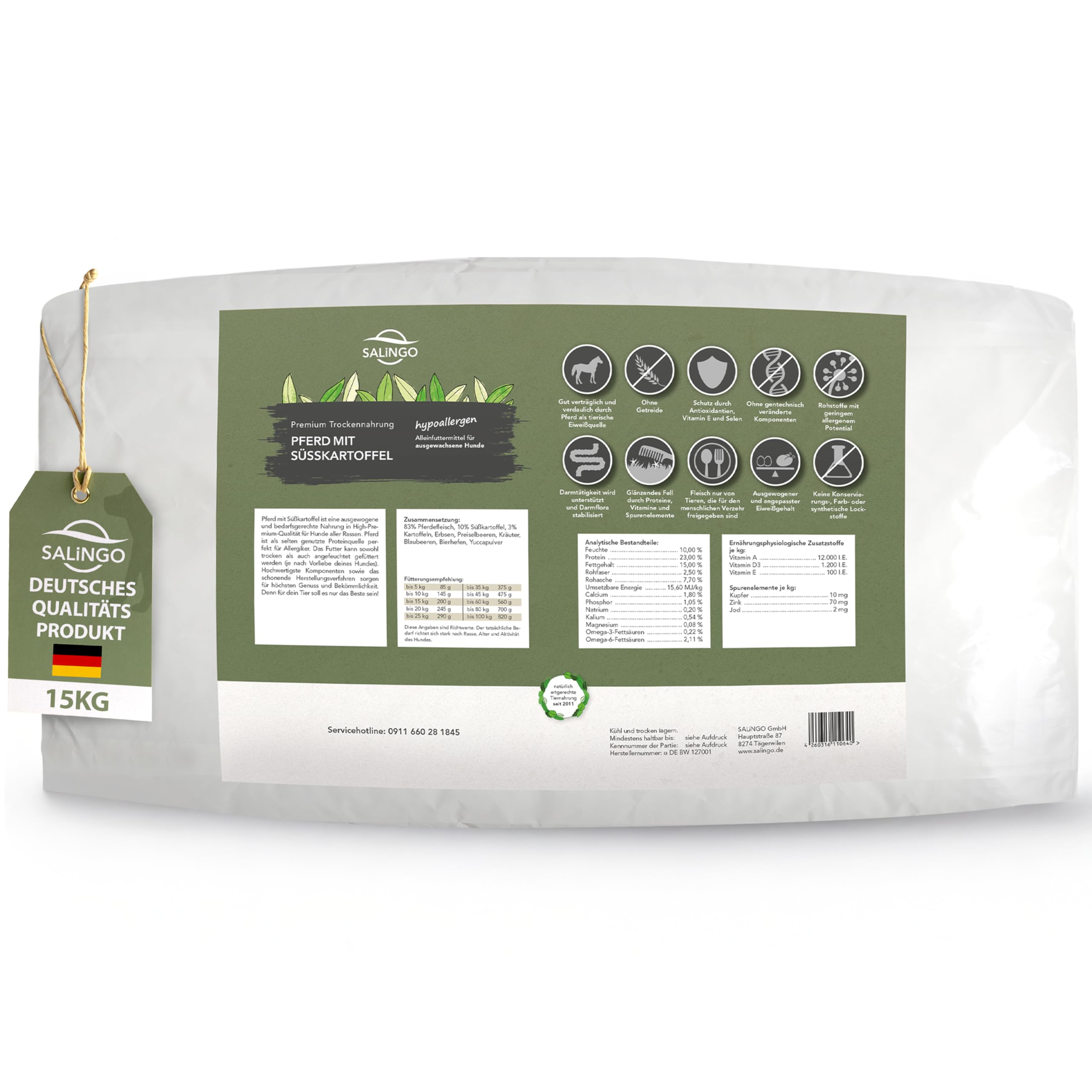 SALiNGO Premium Hundefutter Trocken 15kg Getreidefrei mit 83% Fleischanteil - Hypoallergenes Trockenfutter für Hunde, Hundetrockenfutter 15kg, Pferd & Süßkartoffel, Single Protein - Made in Germany