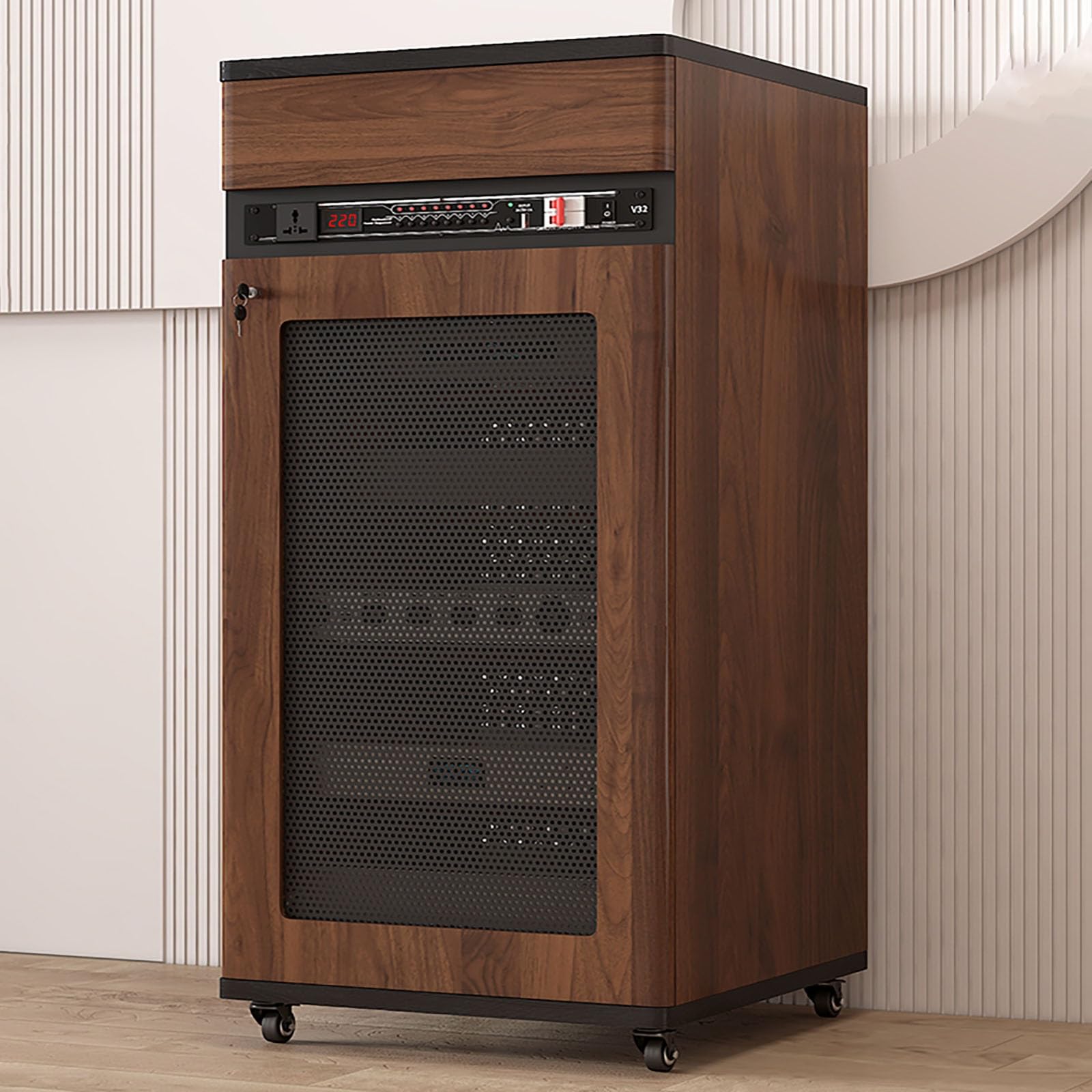 4 Tiers AV Media Stand Corner Shelf, Solid Wood Media Stand with Wheel, Media Storage Cabinet, AV Media Tower Stereo Cabinet, Floor-Standing Audio Rack, Stereo Rack with Drawer(Brown,52 * 55 * 90cm)