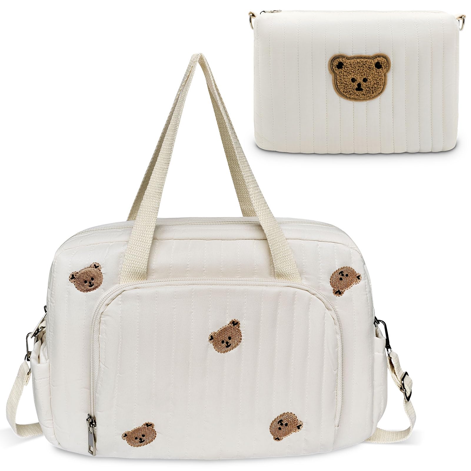QualfsTerric Baby Nappy Changing Bag Cotton Quilted Diaper Bag with Adjustable Strap Cute Bear Diaper Bag Multi Pocket Mum Bag for Travel, Hospital, Stroller (Bear print+small hanging bag)