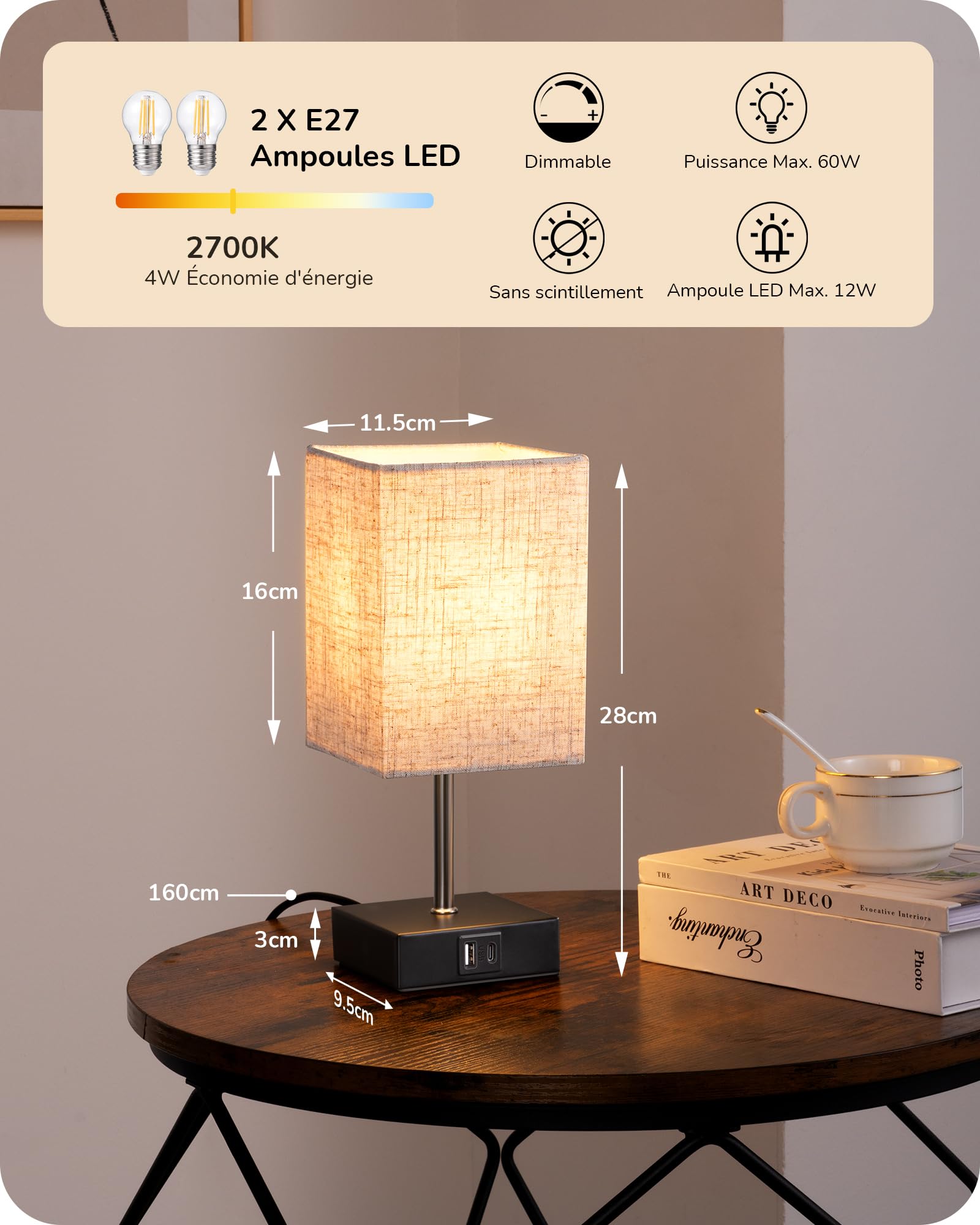 EDISHINE Lampe de Chevet Tactile Lot de 2, avec USB-A & USB-C Port de Charge, E27 Ampoule LED Incluse, 3 Intensités Réglables, Lampe de Table LED pour Chambre, Salon, Hôtel, Abat-jour Beige