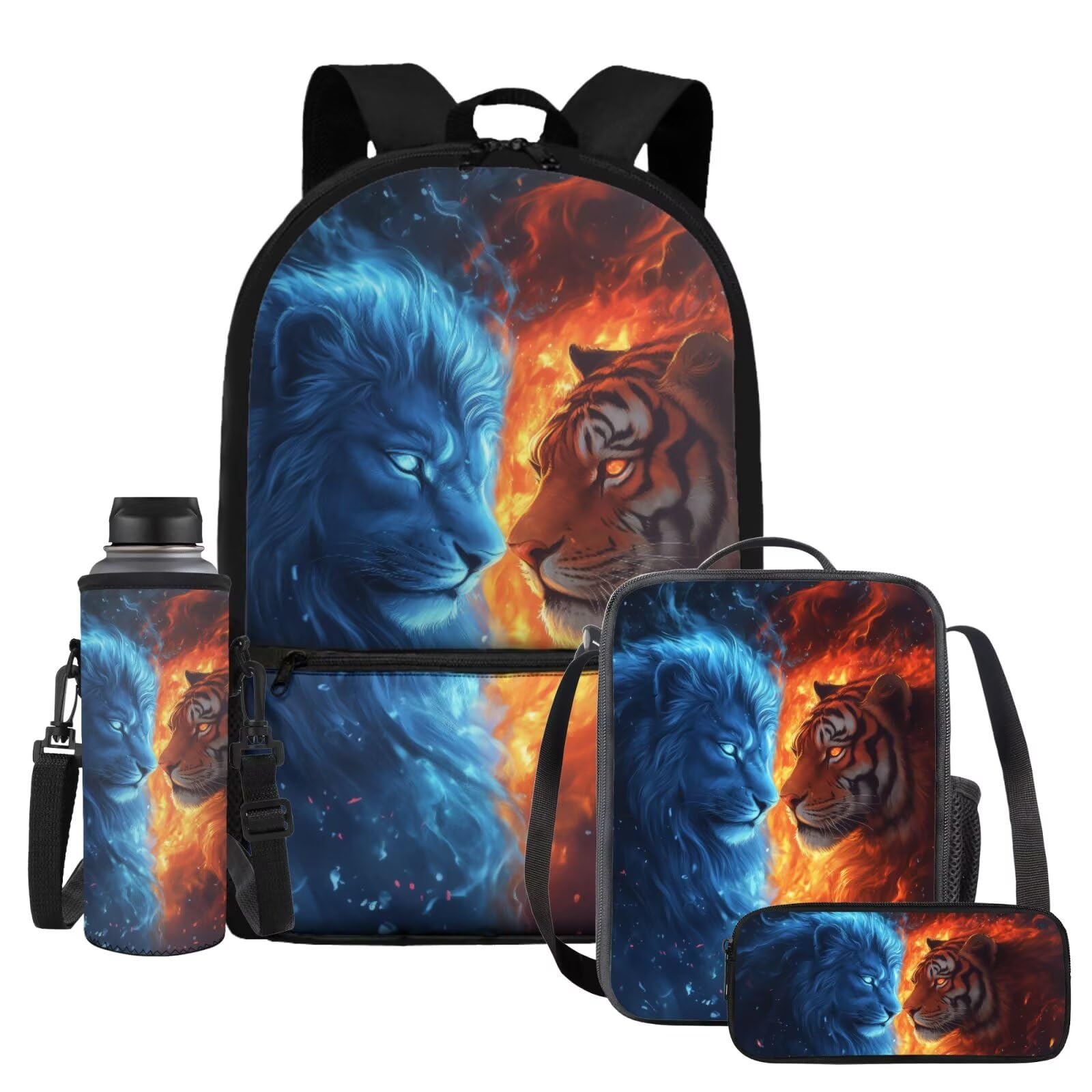HUIACONG Lion Tiger School Backpack for Boys with Lunch Box Kids 6-8/8-10 Bookbag Set Lunchbag Pencil Case for Elementary 2St Grade