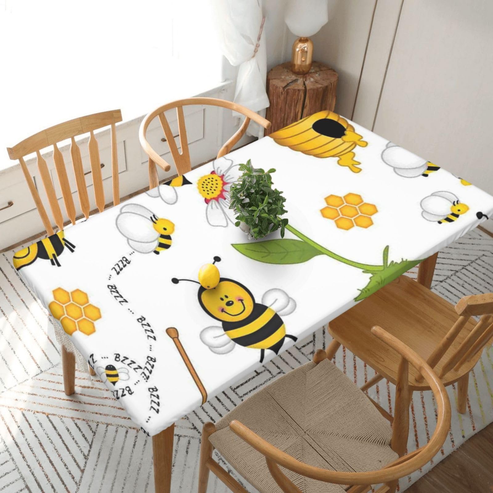 DCEHGEW Elastic Fitted Rectangle Tablecloth for 5ft Tables, Flying Bees Honey Printed Oilproof & Washable Fabric Picnic Table Cloth Table Covers