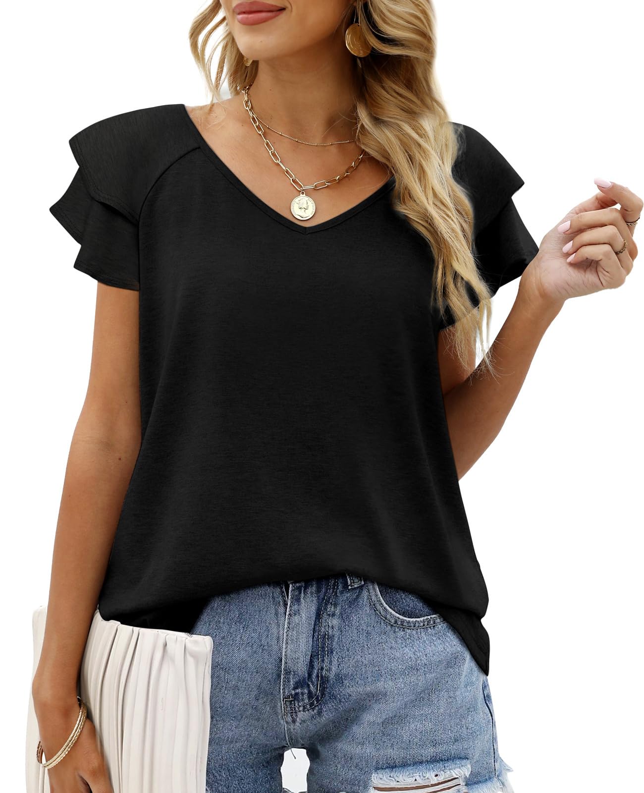 OFEEFAN Womens Summer Tops Ruffle Short Sleeve V Neck T-Shirts Casual Loose Fit