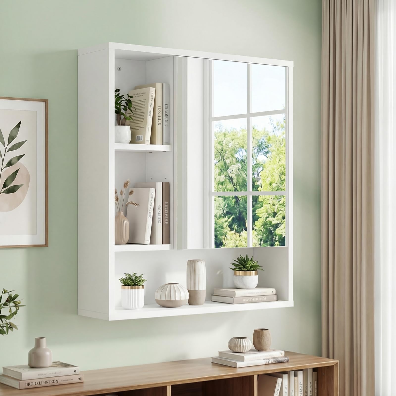 COSTWAY Mobile Bagno con Specchio da Parete in Legno, Bianco