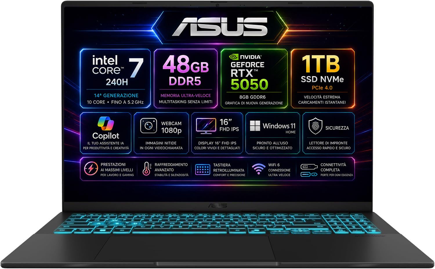 ASUS Computer Portatile PC Gaming 16" FHD IPS, Intel Core 7 240H 5,2GHz, RAM 48GB DDR5, SSD 1TB NVMe, NVIDIA RTX 5050 8GB GDDR6, WiFi 6E, Copilot IA, Webcam 1080p, Tastiera Retroilluminata, Windows 11