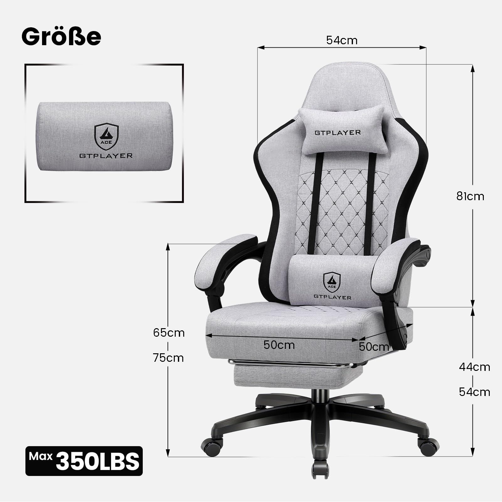 GTPLAYER Gaming Stuhl Stoff, Gaming Sessel mit Taschenfederkissen, ergonomischer Drehstuhl, Gamer Stuhl mit Fußstütze,150 kg Belastbarkeit, hellgrau
