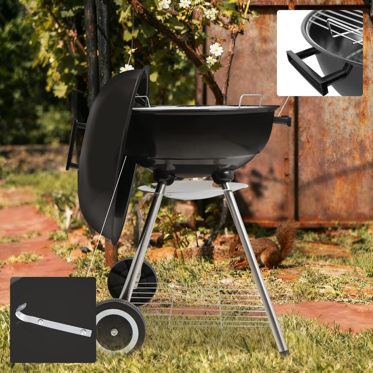 18 Inch Charcoal Grill, Kettle Grill with Handle and Wheels for Outdoor Camping and Small Patio Backyard (Black)
