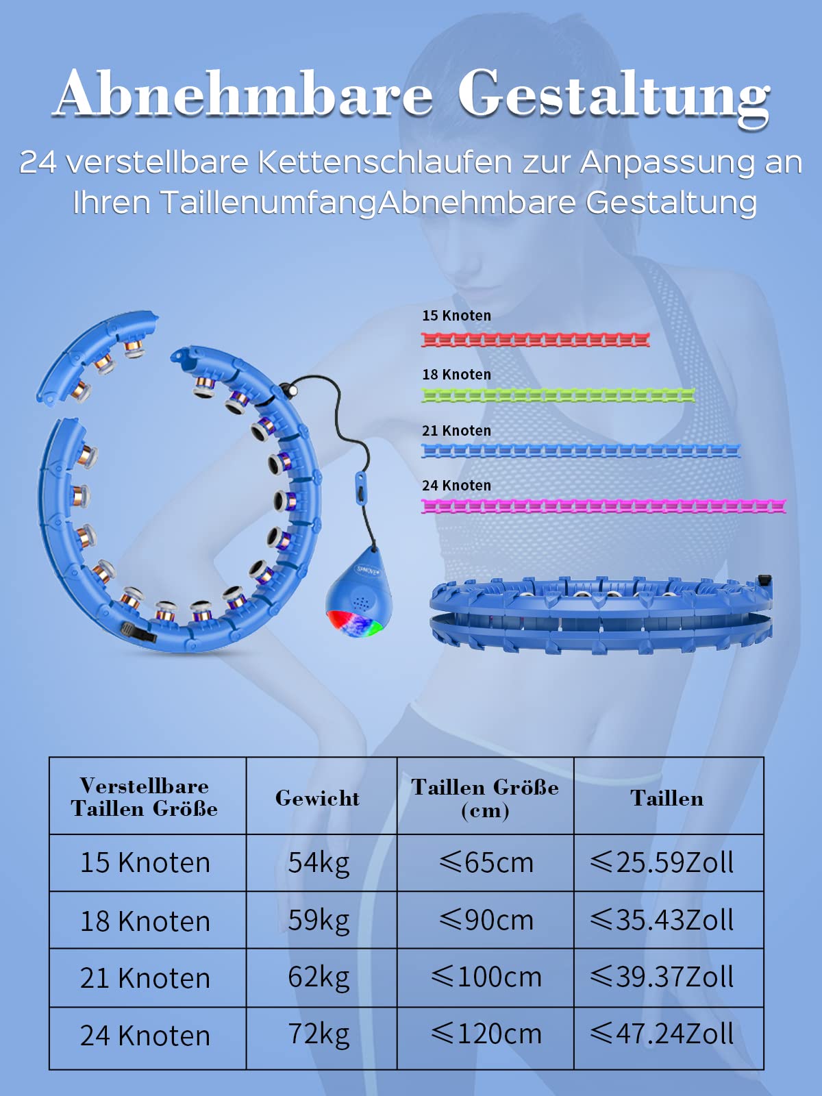 Hula Hoop Reifen Erwachsen,Smart Hula Hoop mit Gewicht Kugel, Smart Fitness Reifen mit Zähler, Fitness Hoop mit Gravitationsball und 360° Massage, 24 Teiliger Abnehmbarer Hula Hoop