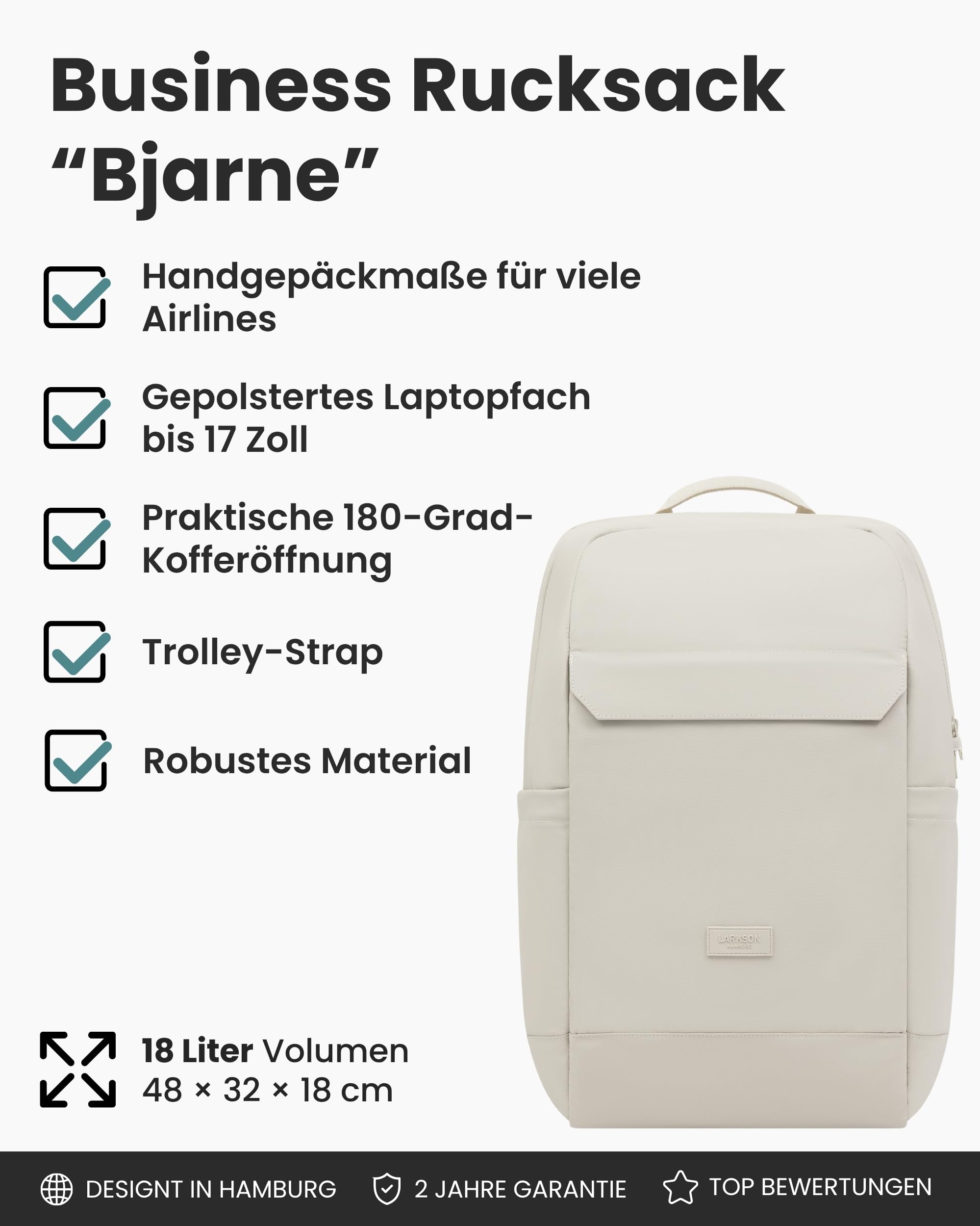 LARKSON Business Laptop Rucksack Herren Beige - Bjarne - Großer Arbeitsrucksack mit 17 Zoll Laptopfach - Handgepäck mit Kofferöffnung - Wasserabweisend