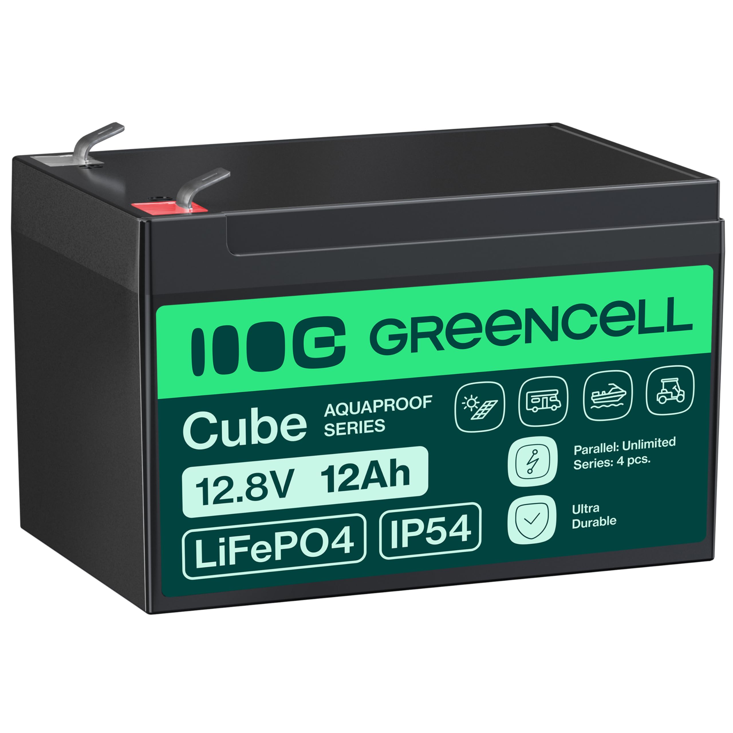 Green Cell Cube LiFePO4 Batteria 12Ah 12.8V - Batteria al litio di ferro fosfato per camper, barche, impianti solari, sistemi off-grid, con BMS, leggera e sicura