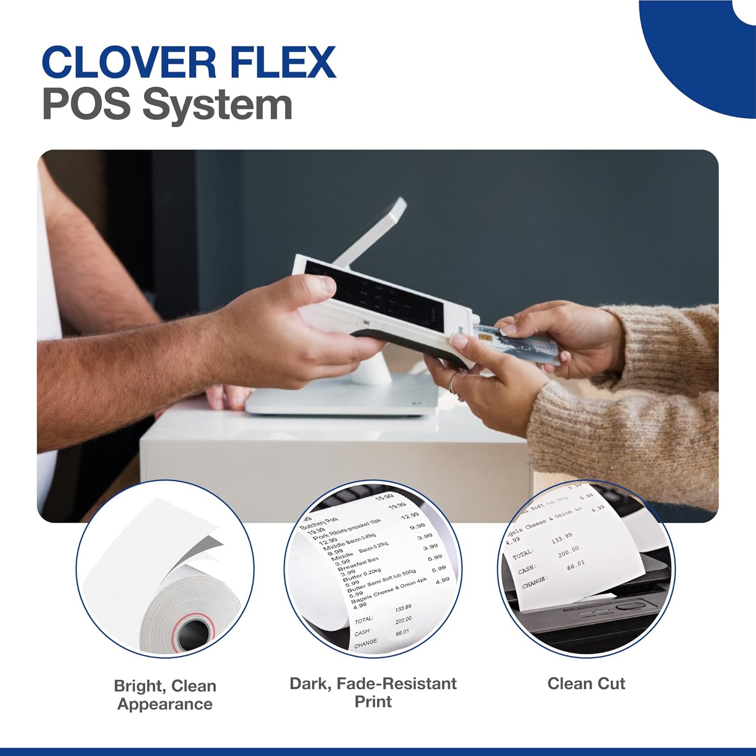 Clover Flex Paper Rolls - 30 Rolls - 2 1/4'’ x 50’- 48 GSM - Clover Flex Receipt Paper Compatible for C401, C403, C405 and C406 POS Machines - BPA Free Material