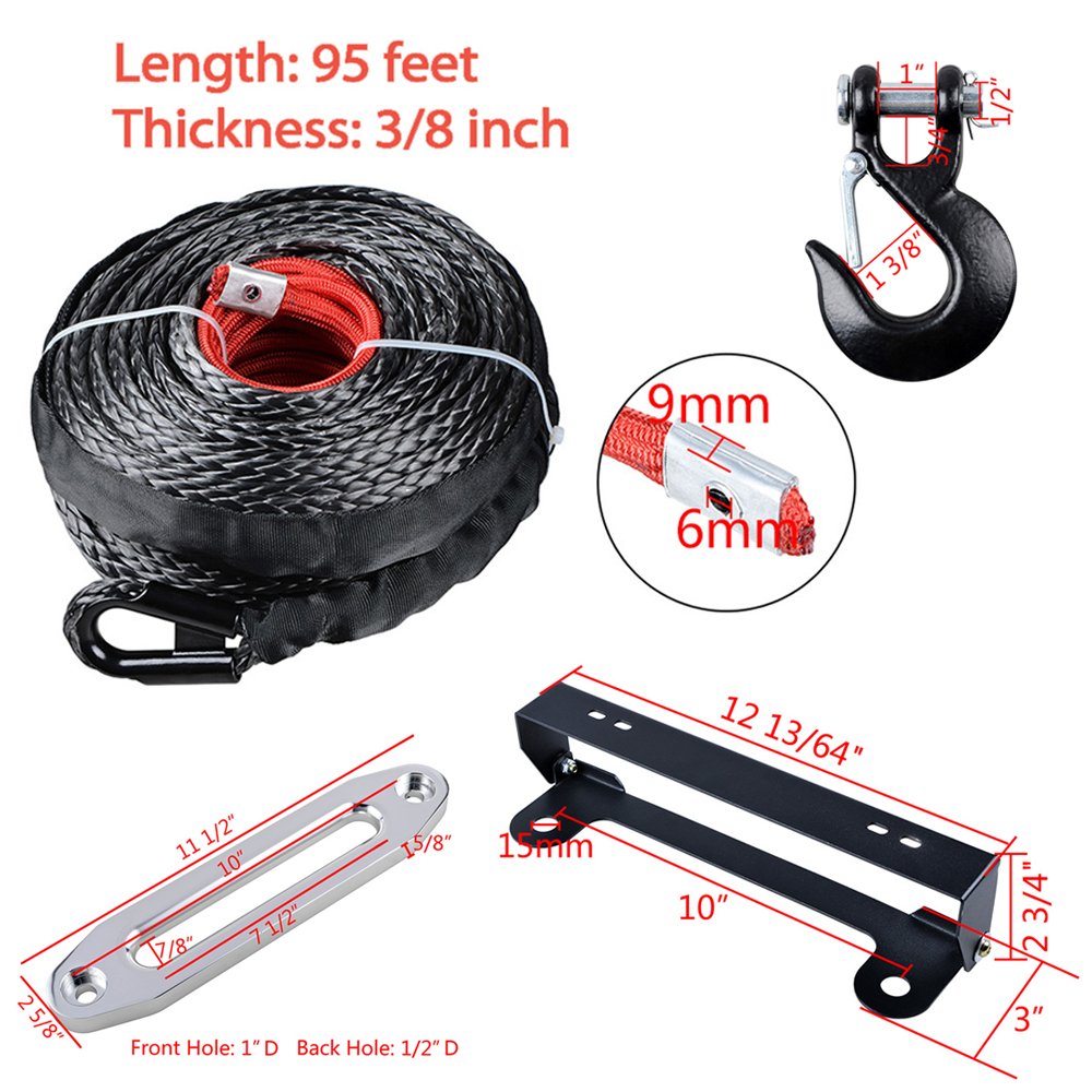 Astra Depot 95ft x 3/8 inch (0500LBs Synthetic Winch Rope Heat Guard + 10 inch (ilver Hawse Fairlead with 4 Mounting Hole 254mm Flip-Up License Plate Holder + Grade 70 Steel Hook