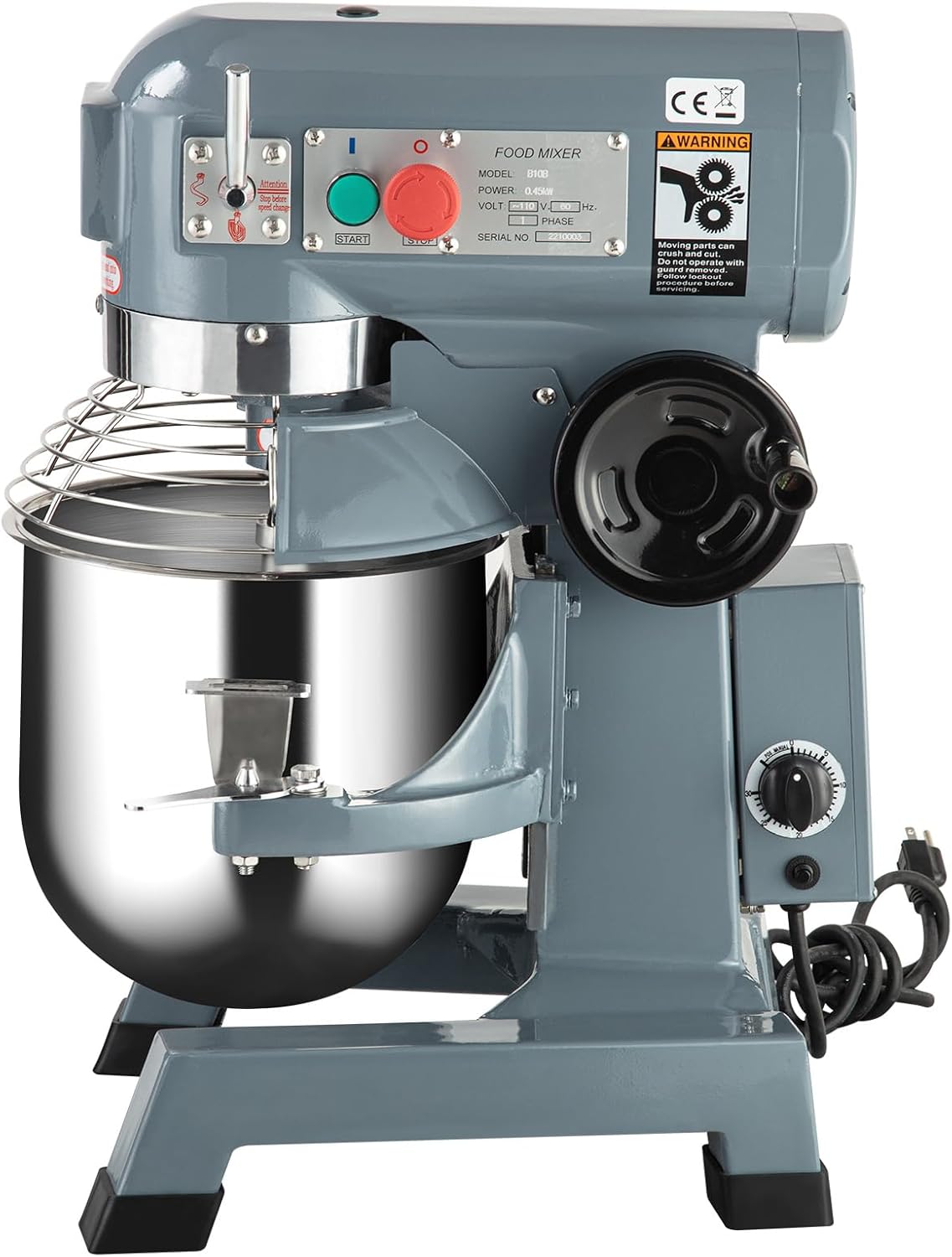 10Qt Food Mixer, 450W, 3-Speed Commercial Stand Mixer with tainless steel bowl, dough hook, whisk, Heavy duty mixer with safety guard, perfect for bakeries, restaurants, pizzerias and kitchens