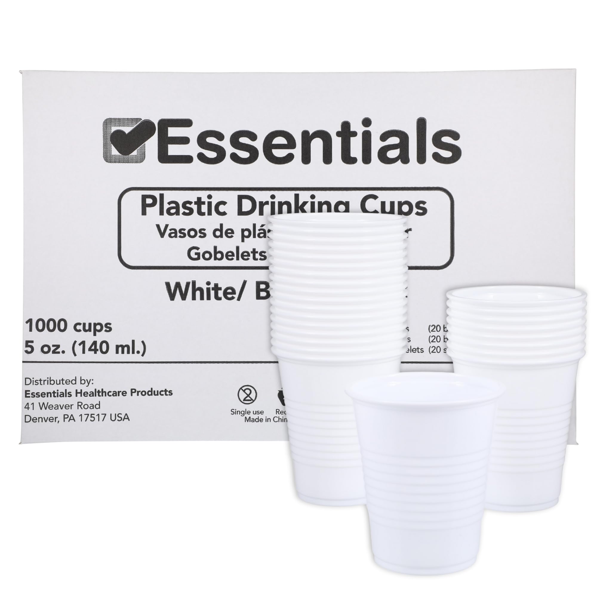 Essentials Healthcare Products Plastic Drinking Cups - Full Case of 1000 Cups - White 5 oz Disoposable Cups for Cold Beverages, Parties, Office, or