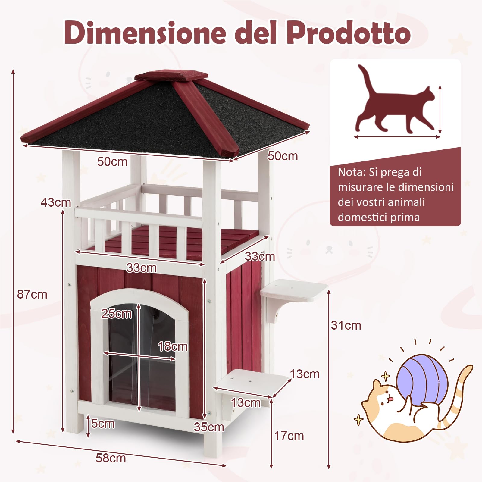 COSTWAY Cuccia per Gatti da Interno ed Esterno, Gasetta per Gatti in Legno a 2 Livelli con Tetto in Asfalto e 2 Piattaforme per Saltare, Casa per Gattini Impermeabile, 58 x 50 x 87 cm
