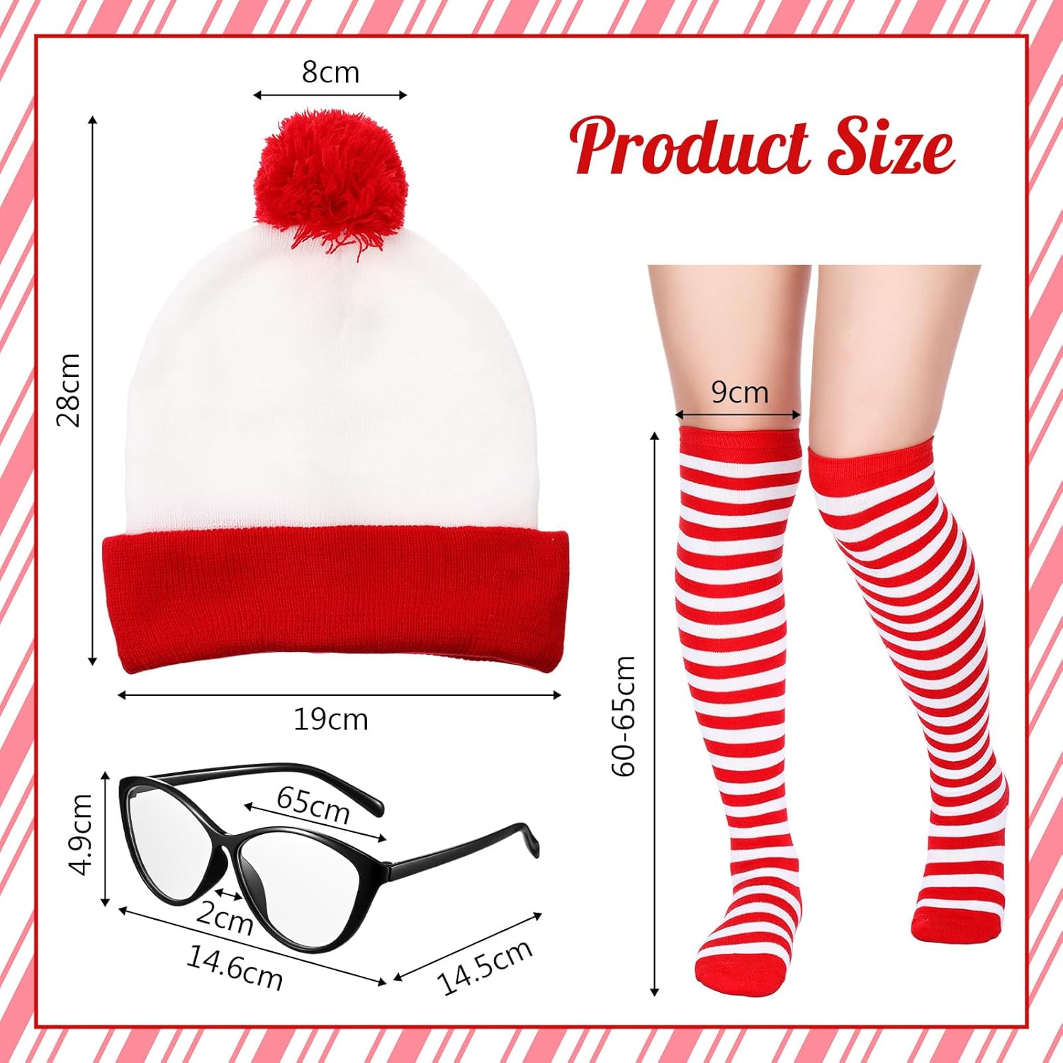 Sintege 3 Pcs Halloween Red and White Striped Costume Set Include Striped Hat Thigh High Socks and Glasses for Halloween Christmas Party Cosplay Costume Props for Men Women - Image 2