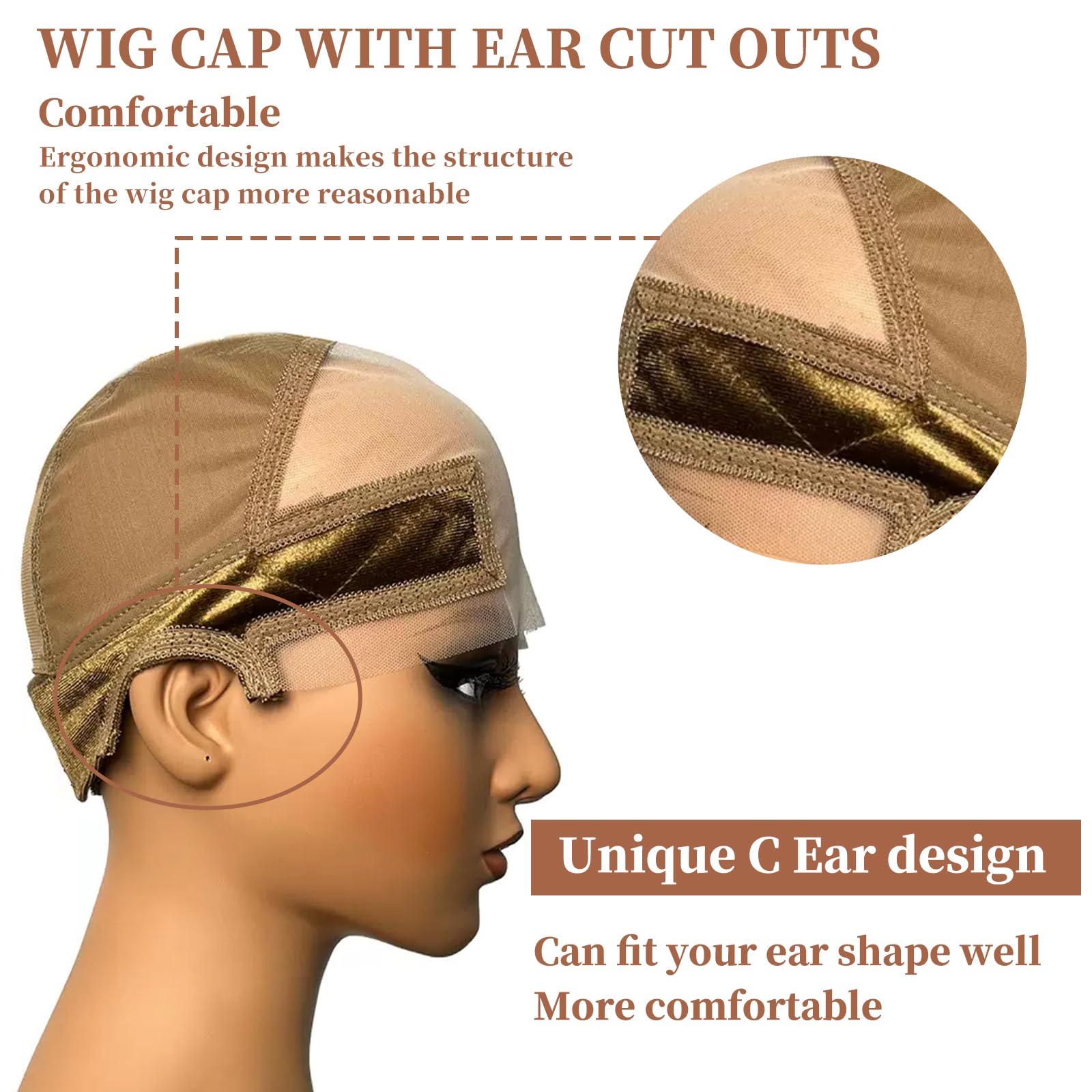 Lace Wig Cap with Grip Band for Keeping Wigs In Place 13x4 Wider Transparent Lace for Glueless Wig Adjustable Grip Cap with Velcro Headband (Light brown) - Image 2