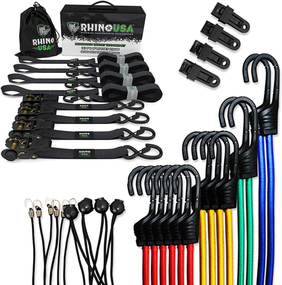 Rhino USA 28pc Bungee Cords and 4pc Ratchet Strap “Movers” Bundle