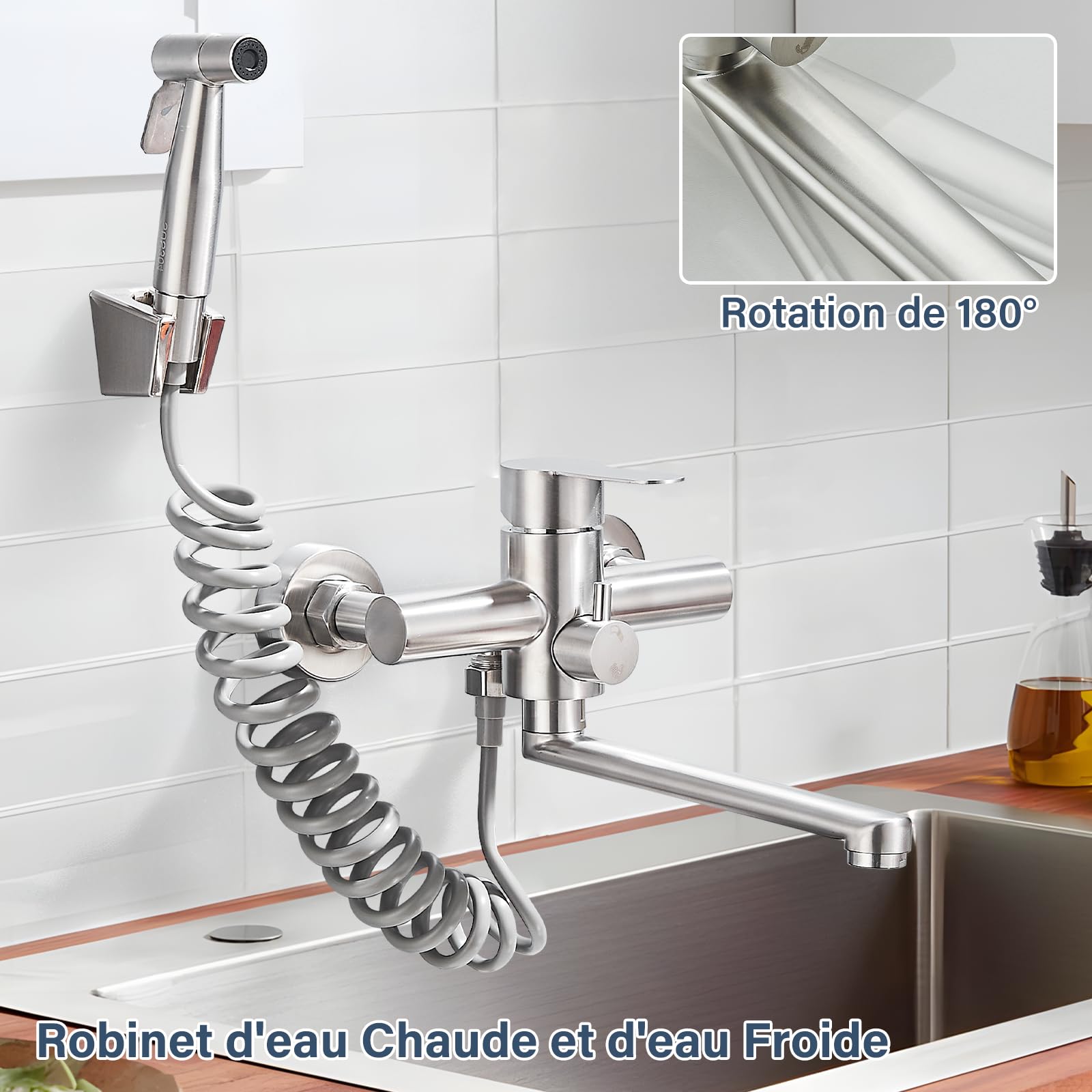 Robinet Mural Cuisine,Mitigeur Cuisine Mural avec Pistolet,Pivotant à 360° Robinet Mélangeur,Tube Rotatif 22cm,Brossée - 3