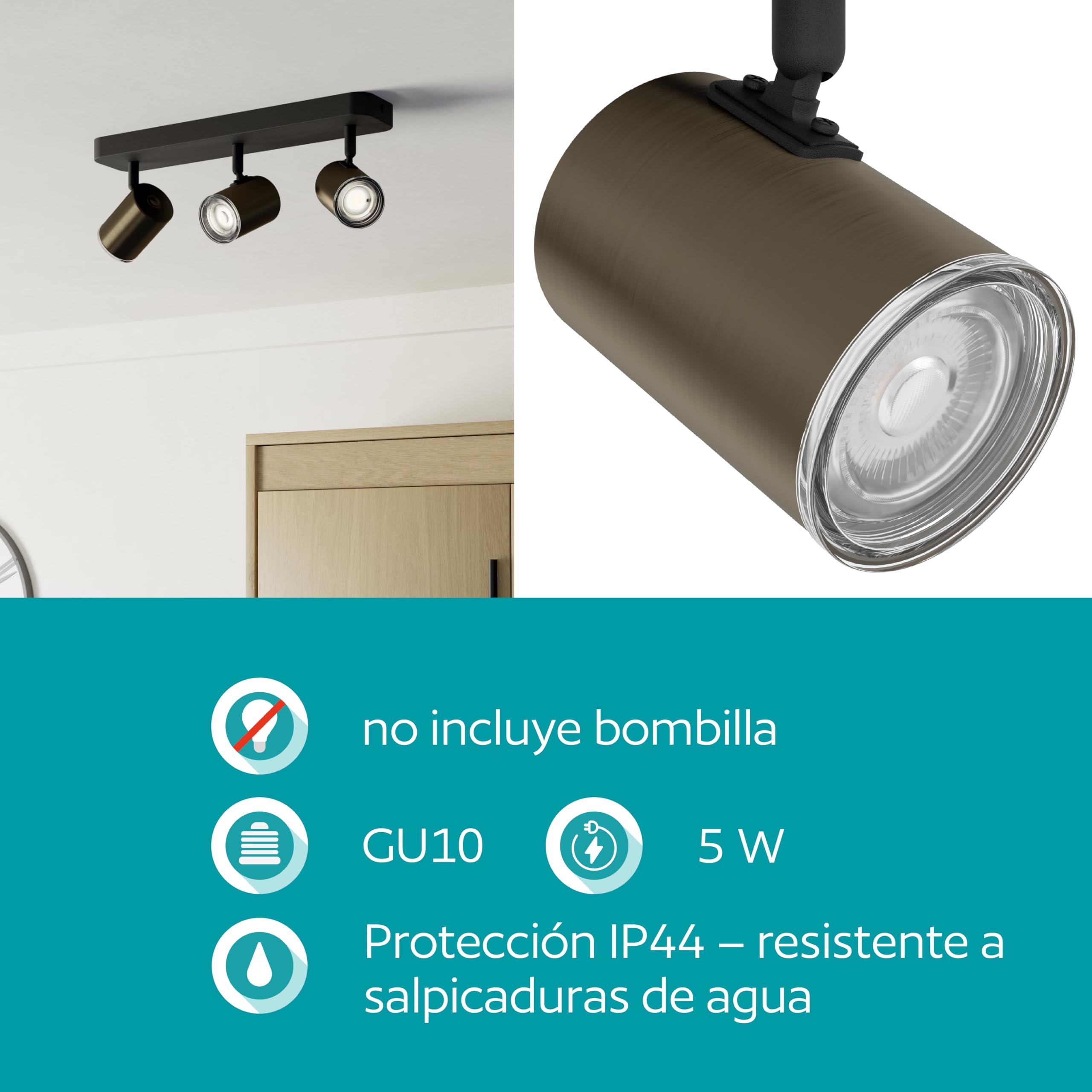 Eglo lámpara de techo Consuma 1, barra de 3 focos, iluminación de baño | de techo, metal negro y bronce, foco con casquillo GU10, IP44