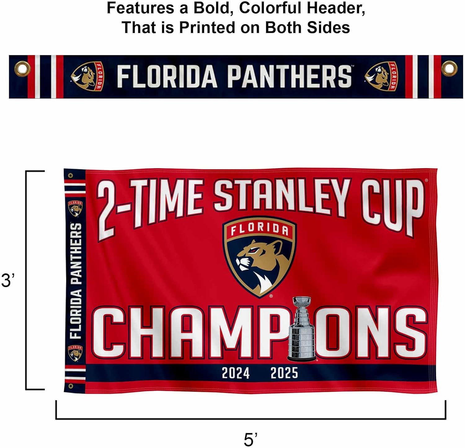 WinCraft Florida Panthers 2 Time Stanley Cup Champions 3x5 Premium Banner Flag