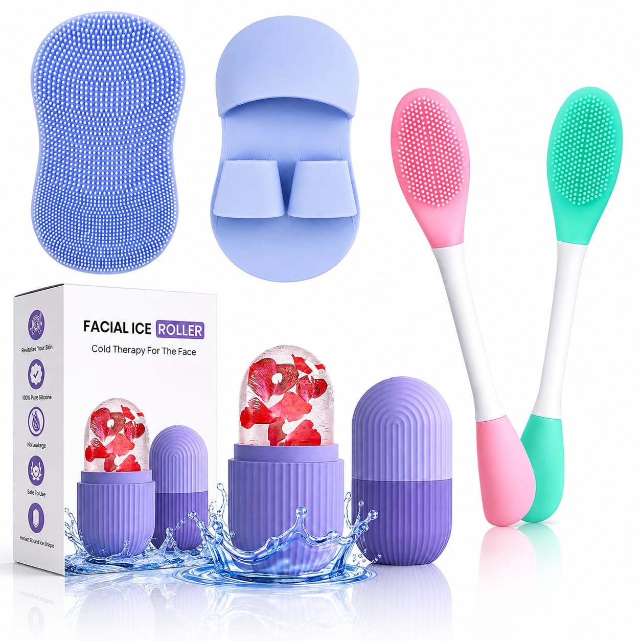 Silicone Face Scrubber 3 in 1 Skincare Combo Kit with Ice Roller & Face Mask Applicator for Women & Men-image-26