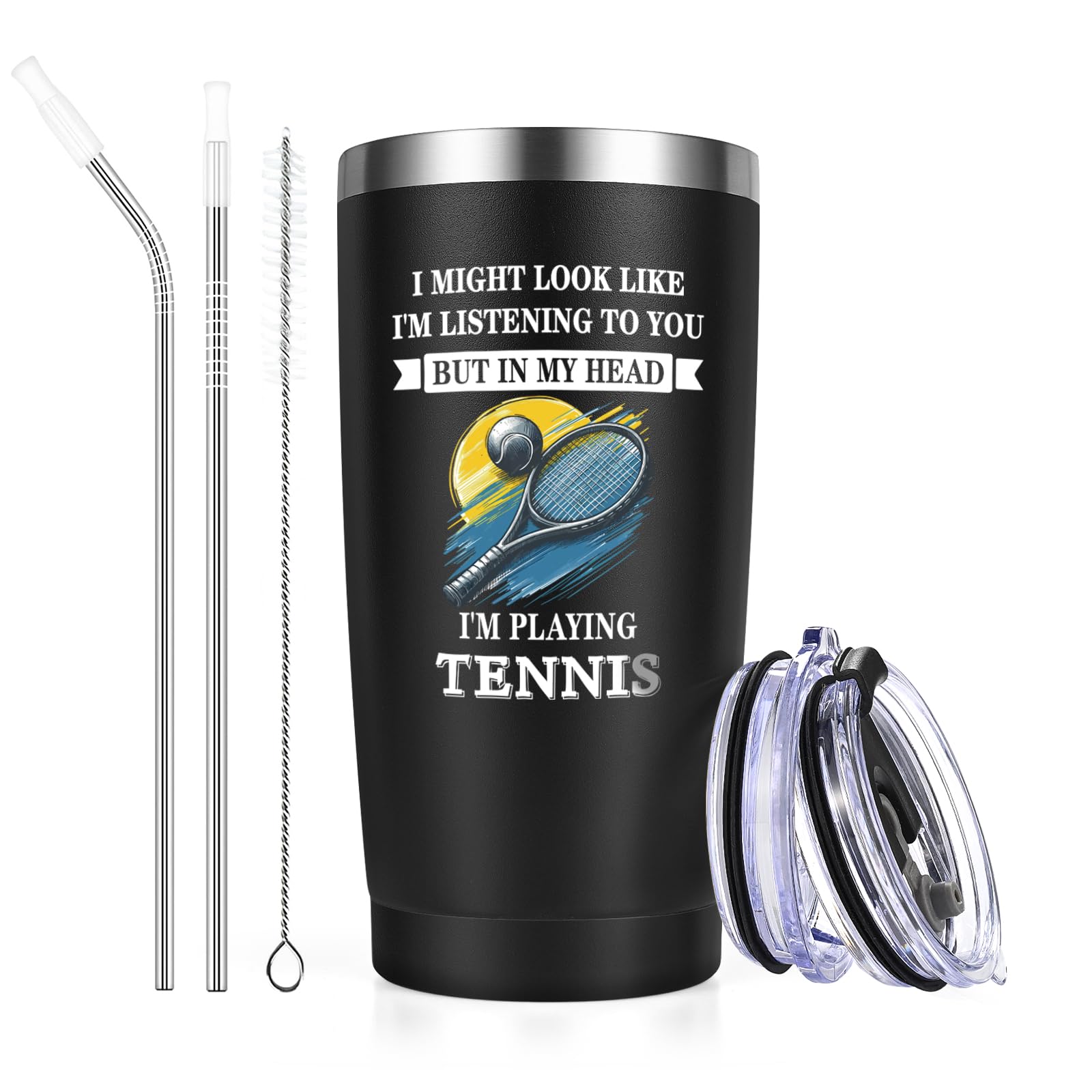Livole Funny Tennis Gifts for Men, Boys, Women, Sports Lover, Christmas Gifts for Men, Him, in My Head I'm Playing Tennis, Mens Presents for Birthday Unique, 600ml Wine Tumbler, 20oz Vacuum Glasses