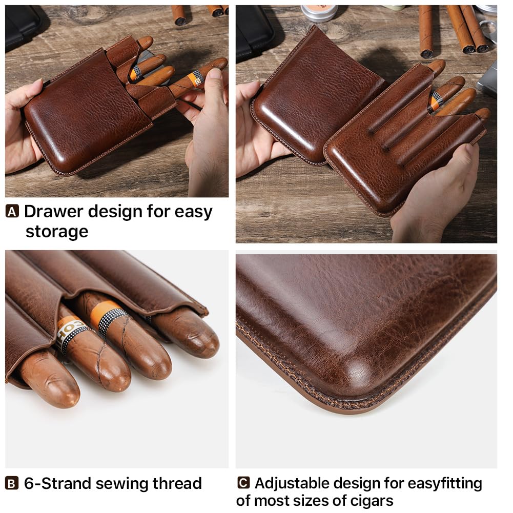 Hiram Cigar Travel Case for 4 Cigars Genuine Leather Humidor Cigar Pouch Portable 4 Slots Cigar Storage Case for Men (Coffee) - Image 4