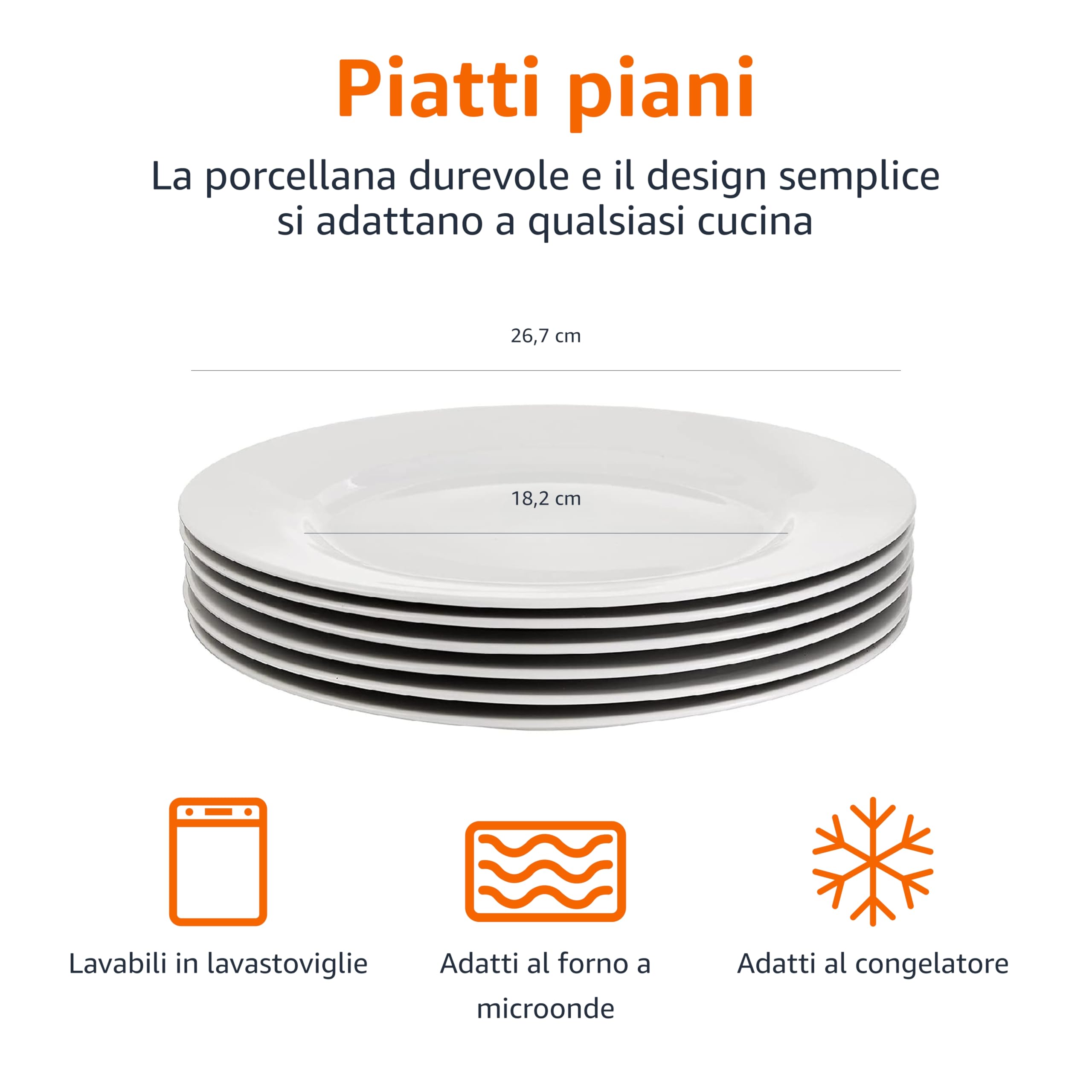 Amazon Basics Servizio di piatti piani, 6 unità, 26.7 cm