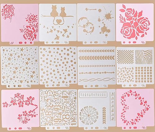 Plantillas de plástico reutilizables, paquete de 12 (5.6 x 5.1 pulgadas) diferentes patrones de diseño de flores de encaje digital plantilla de