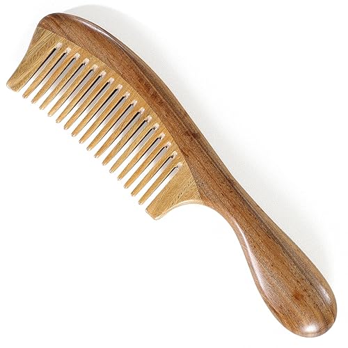 Peine de pelo de sándalo verde natural, calidad premium, antiestático, desenredante natural, mango redondo grueso, para la salud del cabello