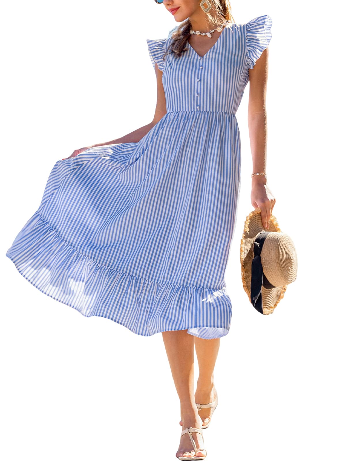CUPSHE - Vestido de verano casual a rayas con cuello en V y mangas con volantes para mujer