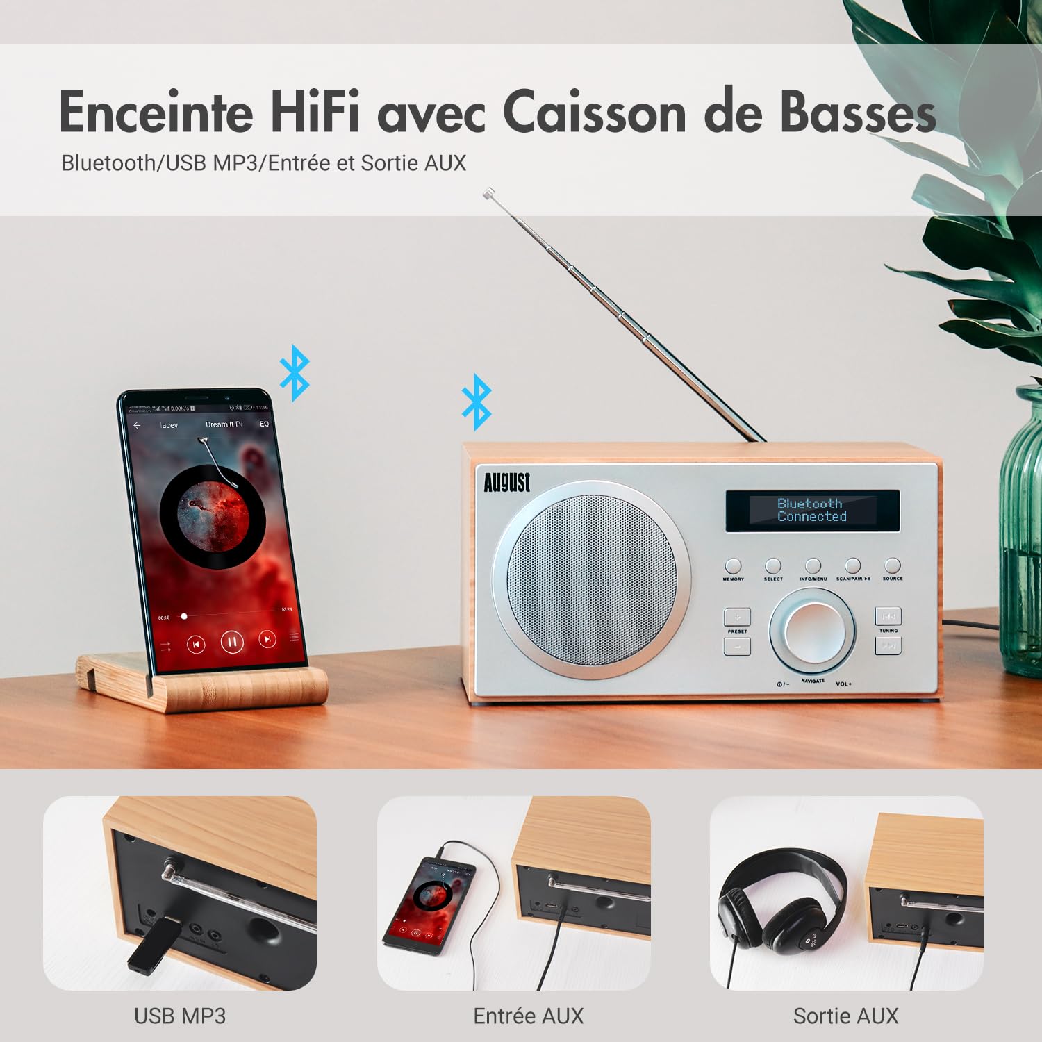 August MB420 Radio Dab Bluetooth, Radio Dab+/FM Numérique avec Double Réveil, 60 Présélections, Haut-Parleur HiFi 5W, Minuterie Sommeil, Snooze, USB & Entrée/Sortie AUX, Secteur pour Cuisine & Maison