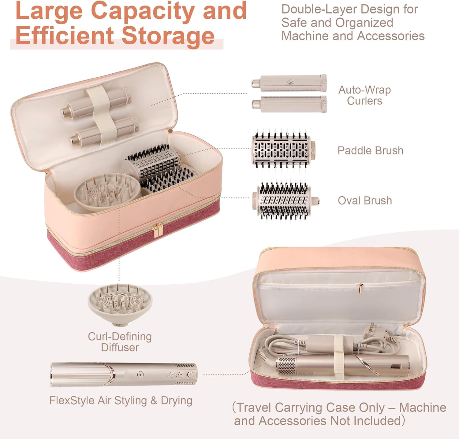 Travel Carrying Case for Dyson Shark Flexstyle Revlon Hair Dryer Airwrap, Portable Dyson Airwrap Travel Case, Shark Hair Tools Storage Bag for Airwrap Styler and Attachments, Pink and Crimson - Image 2