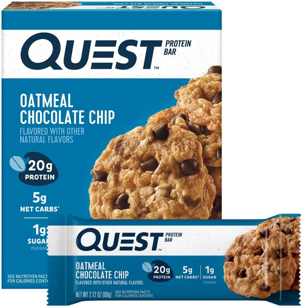 Quest Nutrition Oatmeal Chocolate Chip Protein Bars, 20g Protein, 1g Sugar, 5g Net Carb, Gluten Free, Keto Friendly, 4 Count