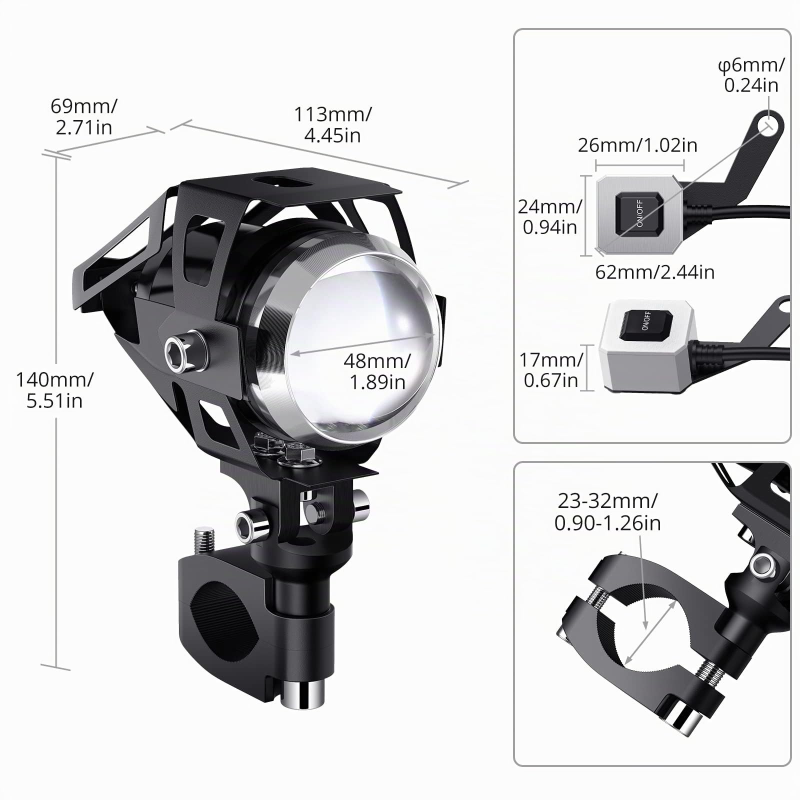 PROZOR 2PCS U5 Phares avant pour moto - 15W 3000LM Phare LED pour moto avec commutateur à 3 modes Phare supplémentaire IP65 Étanche Projecteur Moto Portée 200m