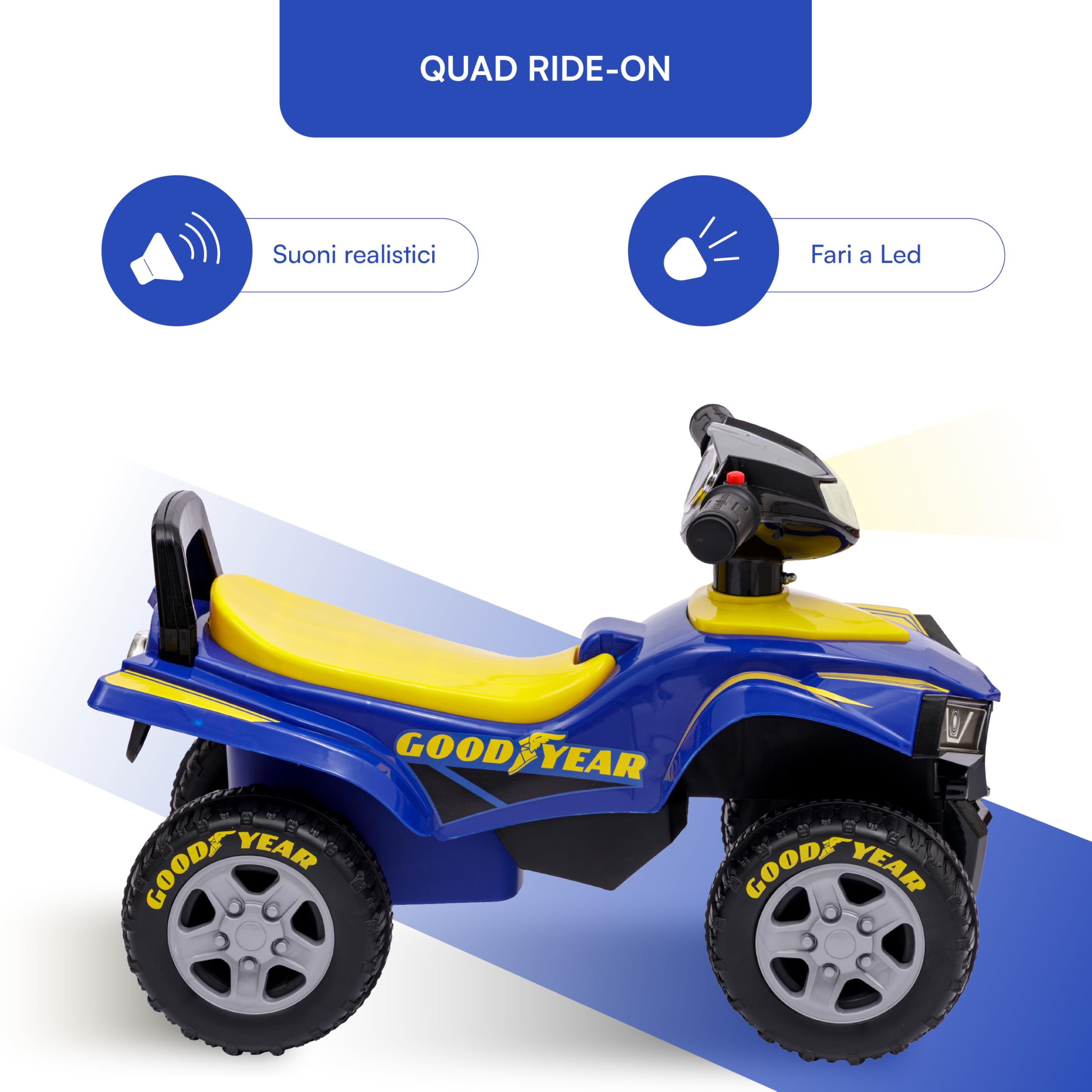 Baroni Toys Quad Giocattolo Cavalcabile per Bambini 18-36 Mesi con con Licenza GOODYEAR, Vano Portaoggetti, Suoni Realistici e Fari LED, Dispositivo Antiribaltamento, 38x60x42 cm
